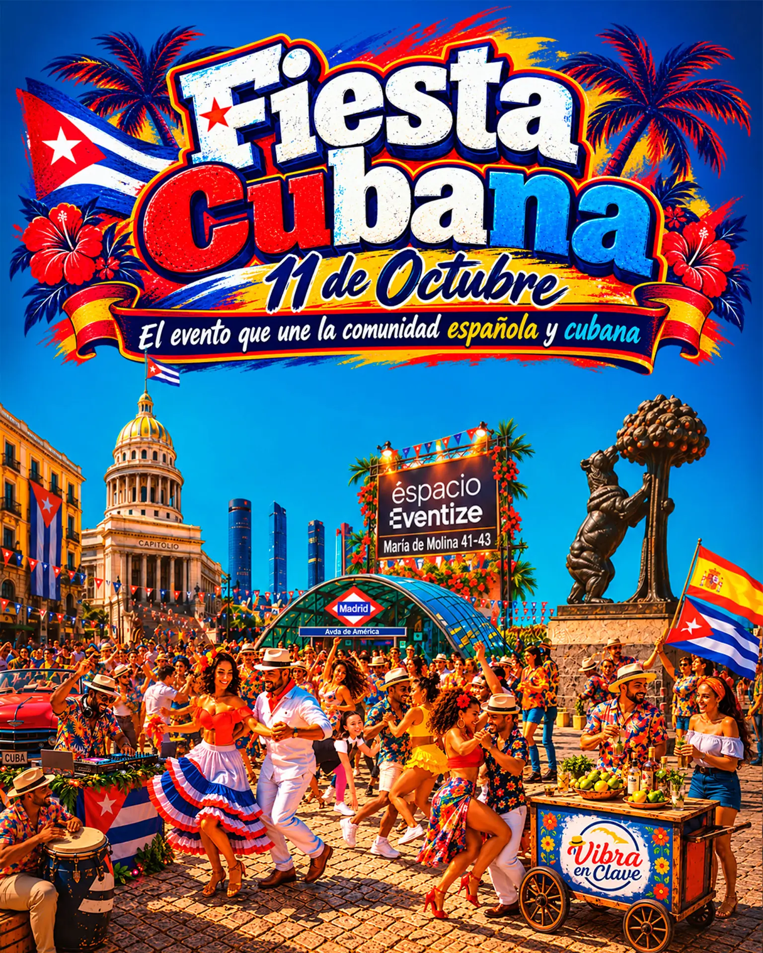 Cartel de la 2ª Fiesta Cubana en Madrid, 11 de octubre en Espacio Eventize